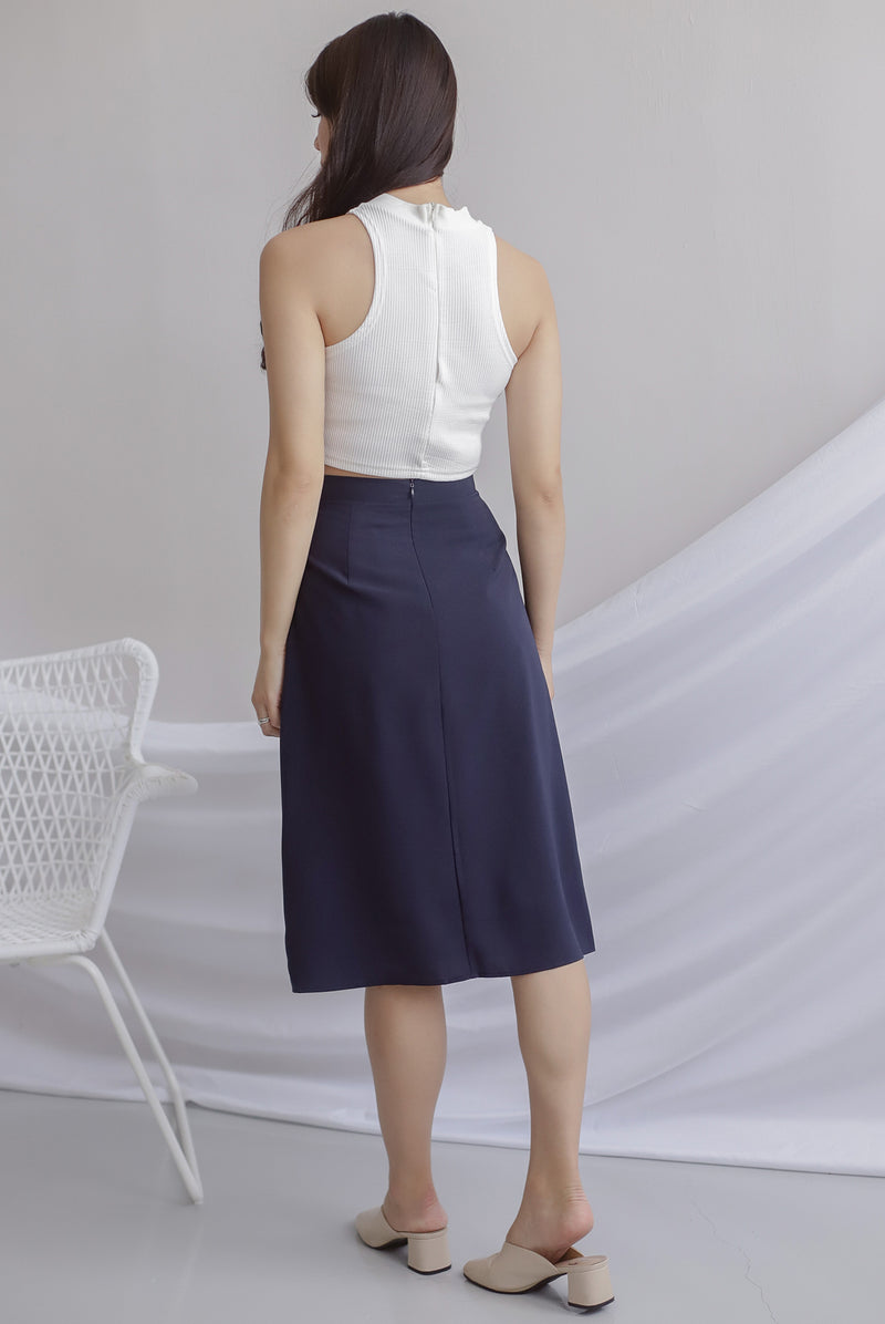 Hattie Buttons Slit Skirt In Navy Blue