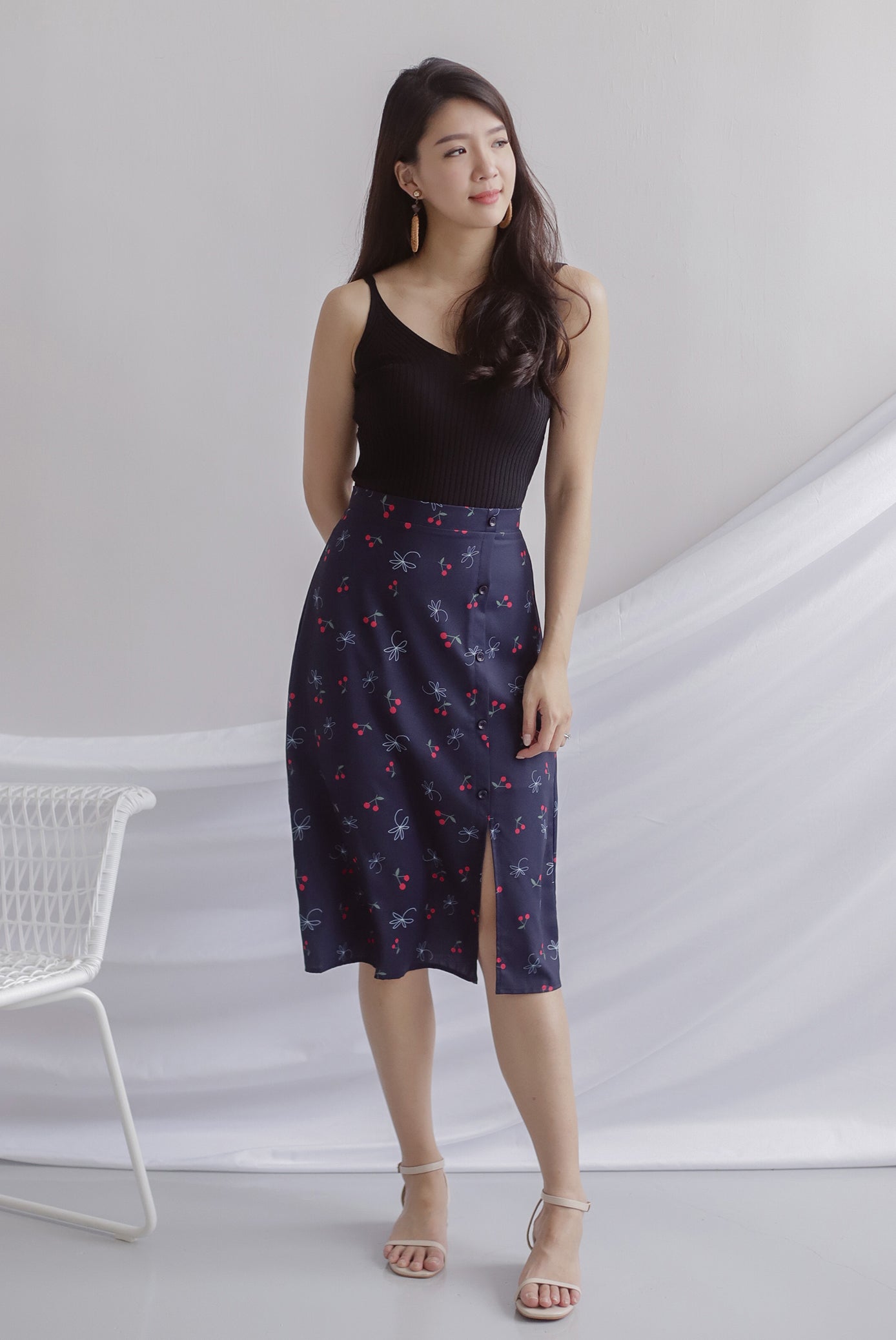 Hattie Buttons Slit Skirt In Navy Cherries