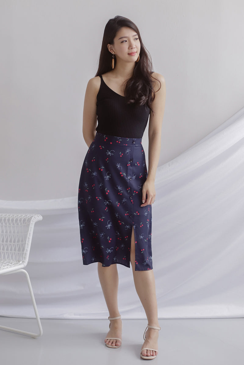 Hattie Buttons Slit Skirt In Navy Cherries