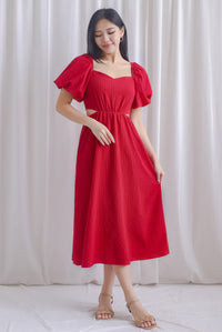 Hebe Puffy Sleeve Side Cut Out Dress In Red