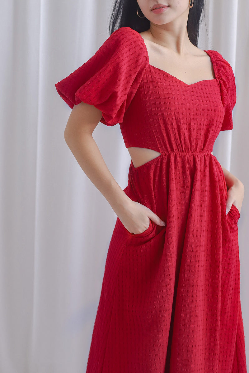 Hebe Puffy Sleeve Side Cut Out Dress In Red