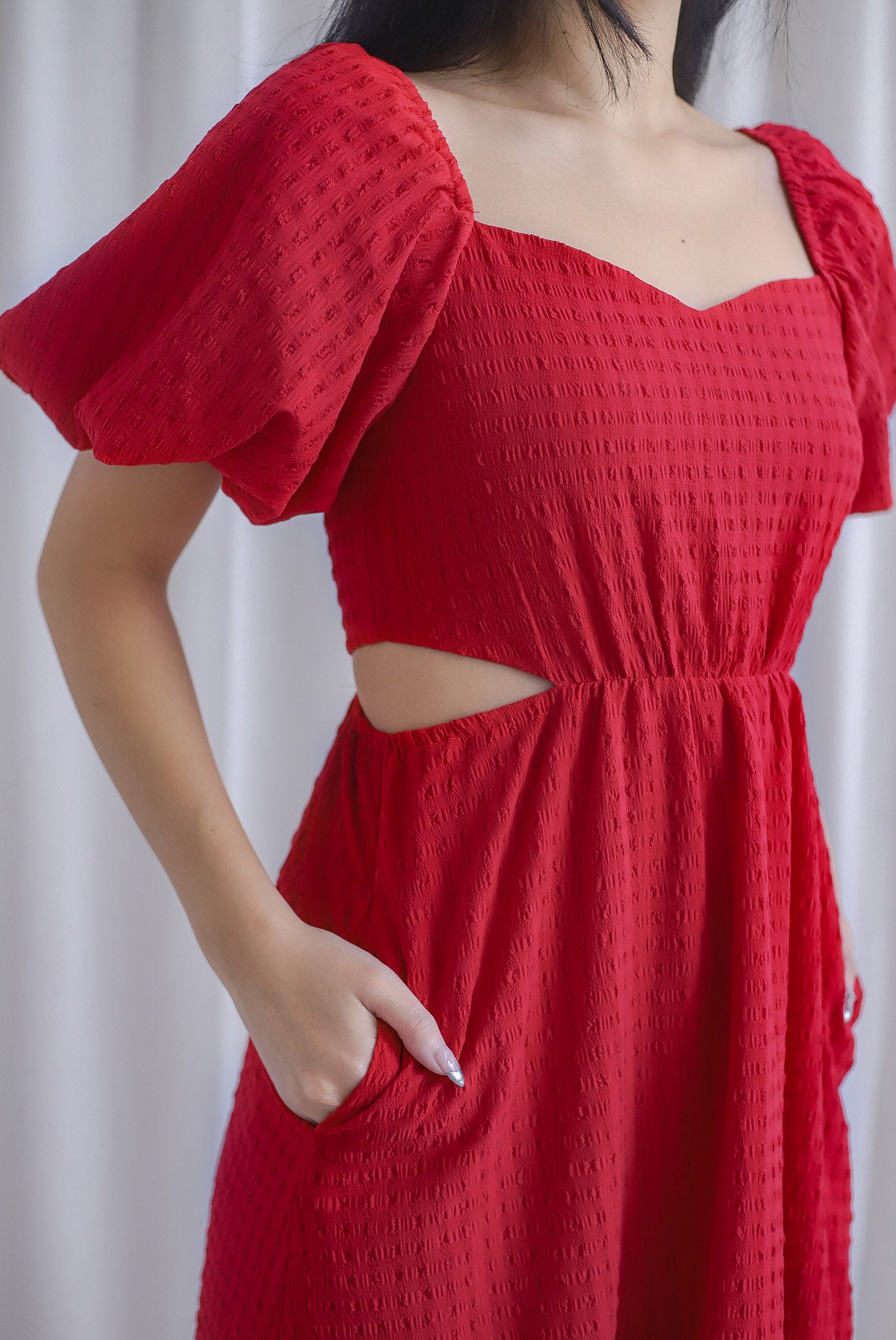 Hebe Puffy Sleeve Side Cut Out Dress In Red The Design Closets Hebe Puffy Sleeve Side Cut Out Dress In Red The Design Closets
