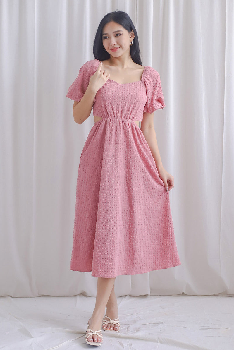 Hebe Puffy Sleeve Side Cut Out Dress In Rose Pink