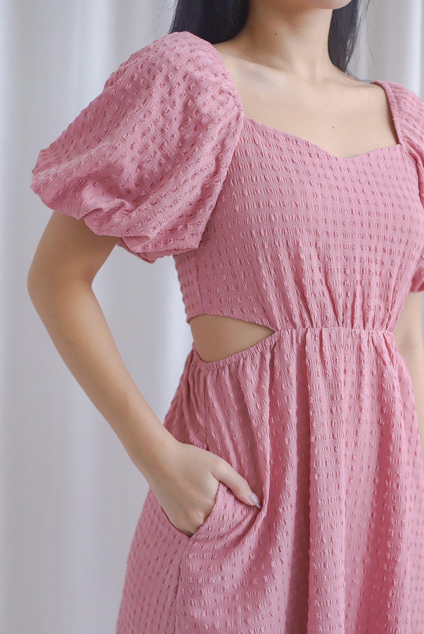 Hebe Puffy Sleeve Side Cut Out Dress In Rose Pink The Design Closets Hebe puffy sleeve side cut out dress in rose pink the design closets