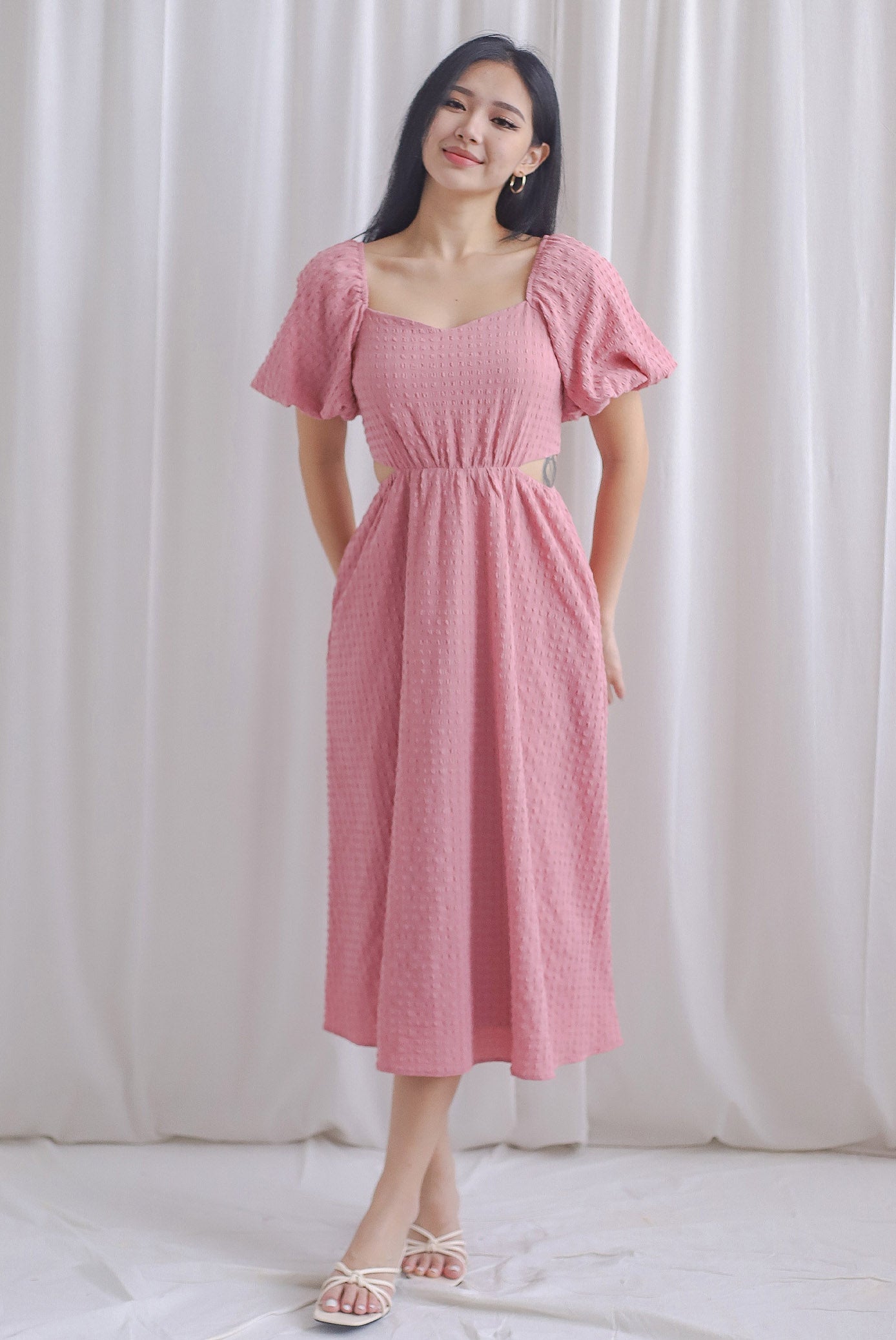 Hebe Puffy Sleeve Side Cut Out Dress In Rose Pink - Size XS Hebe Puffy Sleeve Side Cut Out Dress In Rose Pink - Size XS