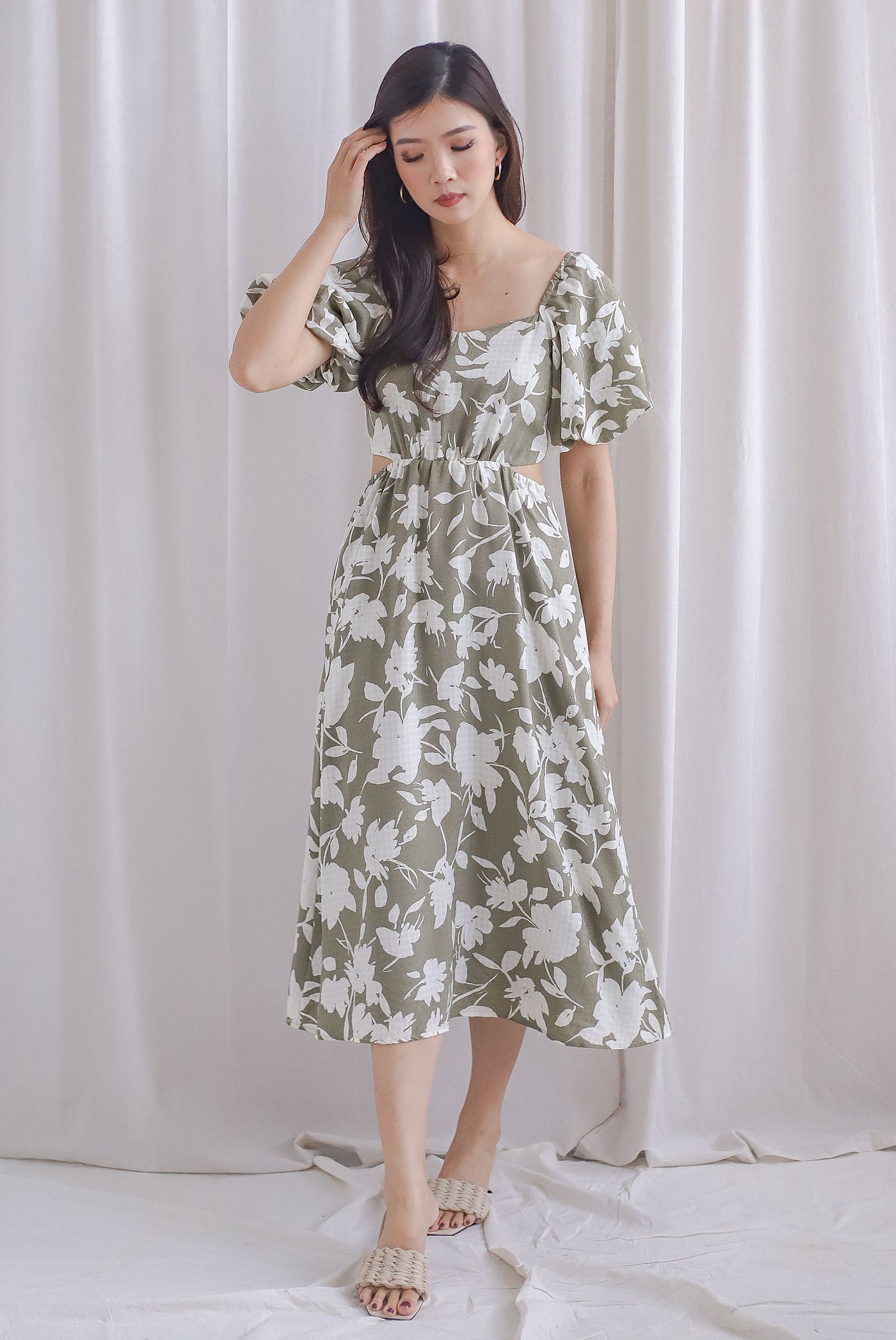 Girl Elegant Green Floral Applique One Side Cut Shoulder Stylish Long Dress