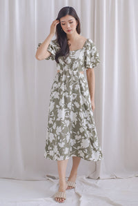 Hebe Puffy Sleeve Side Cut Out Dress In Sage Floral