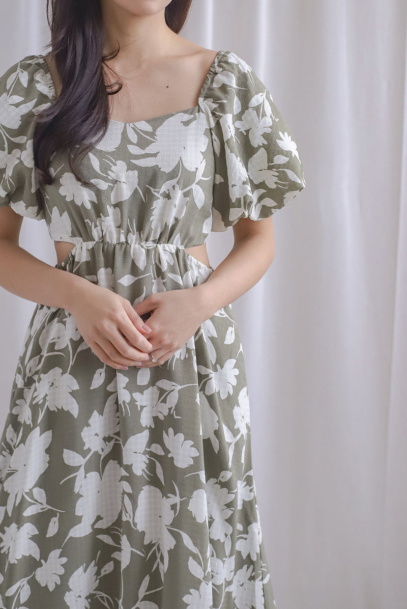 Hebe Puffy Sleeve Side Cut Out Dress In Sage Floral