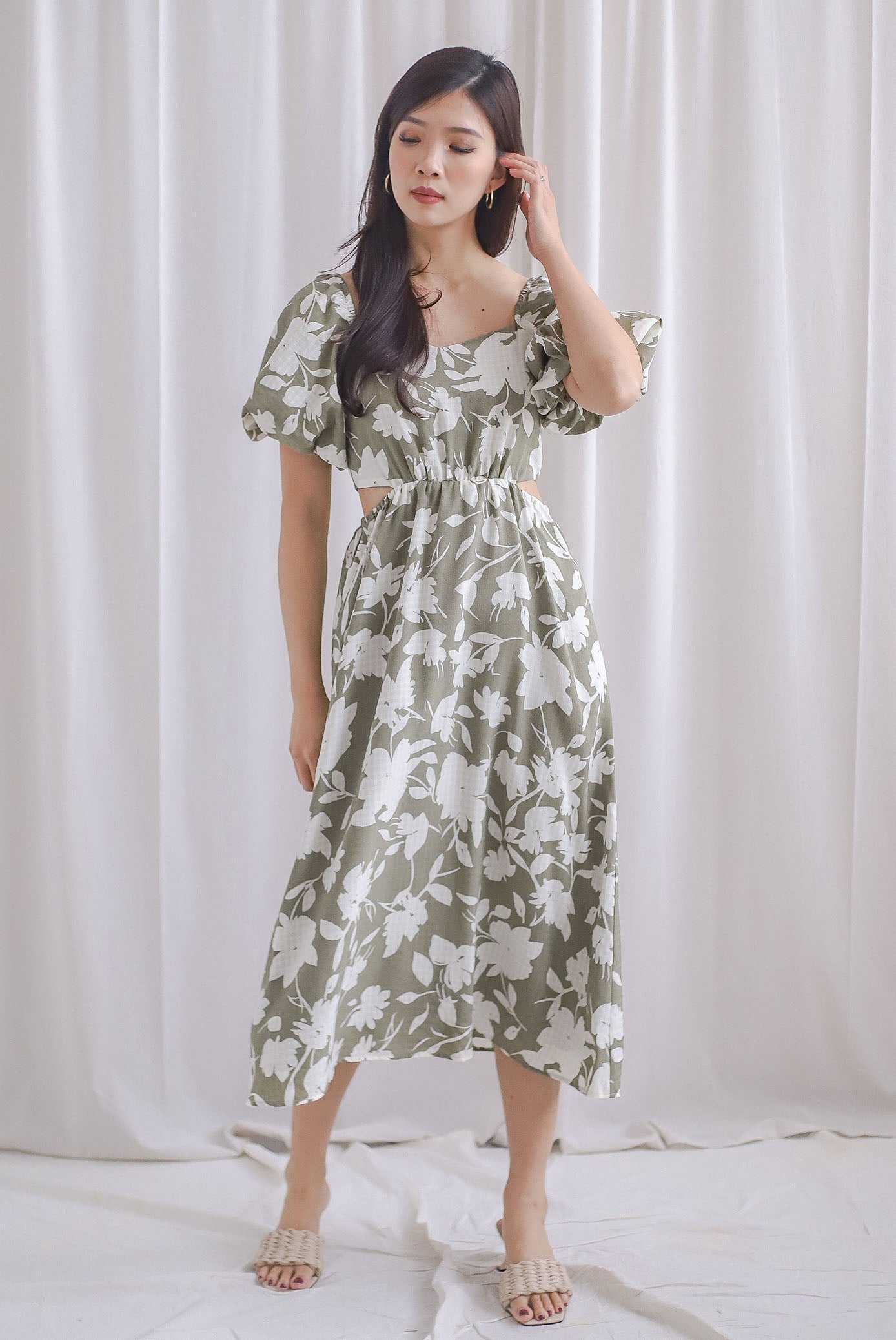 Hebe Puffy Sleeve Side Cut Out Dress In Sage Floral