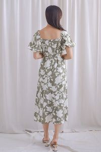 Hebe Puffy Sleeve Side Cut Out Dress In Sage Floral