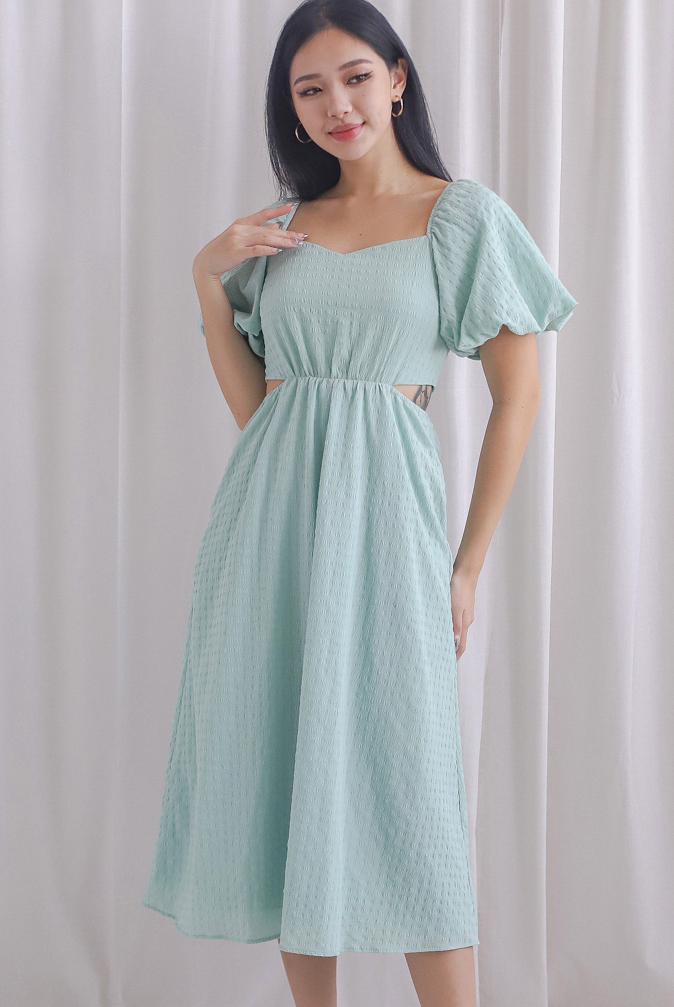 Hebe Puffy Sleeve Side Cut Out Dress In Seafoam – The Design Closets