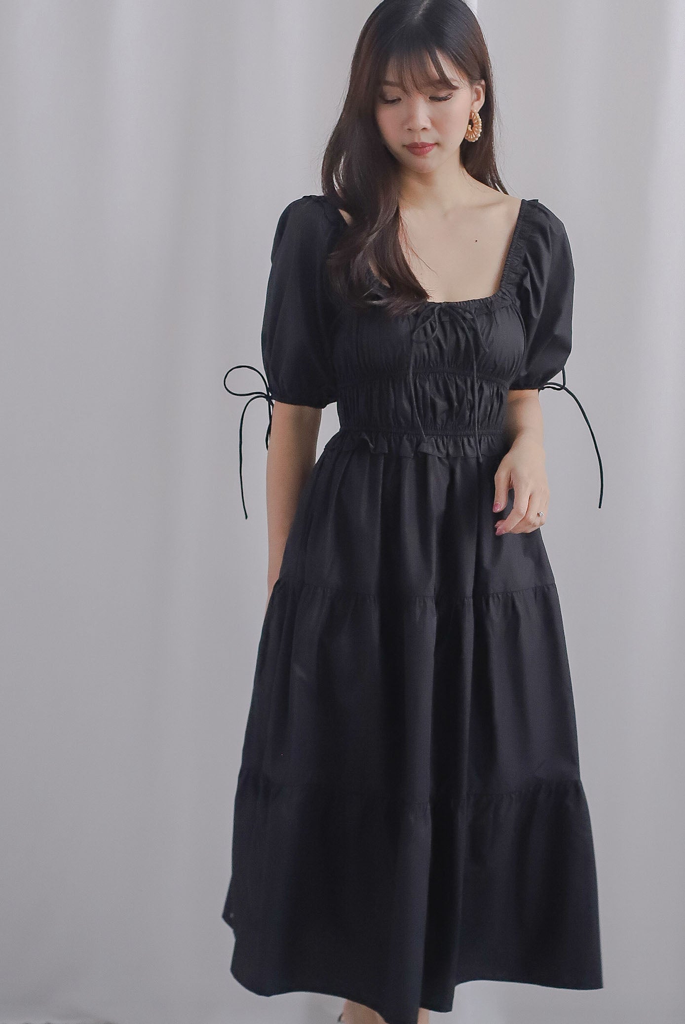 Helena Ruffled Waist Tie Sleeve Tiered Dress In Black