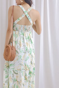 Hollie Ruched Strap Cross Back Floral Maxi Dress In Green
