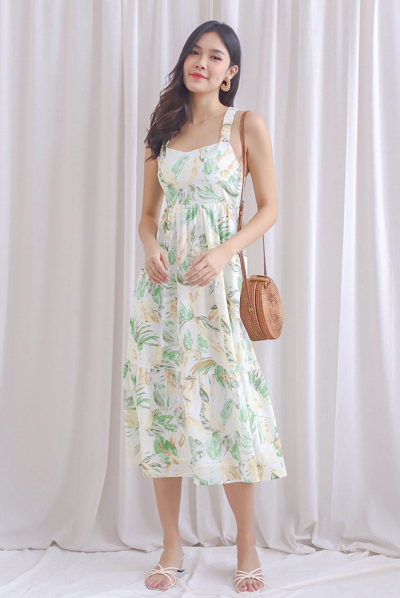 Hollie Ruched Strap Cross Back Floral Maxi Dress In Green