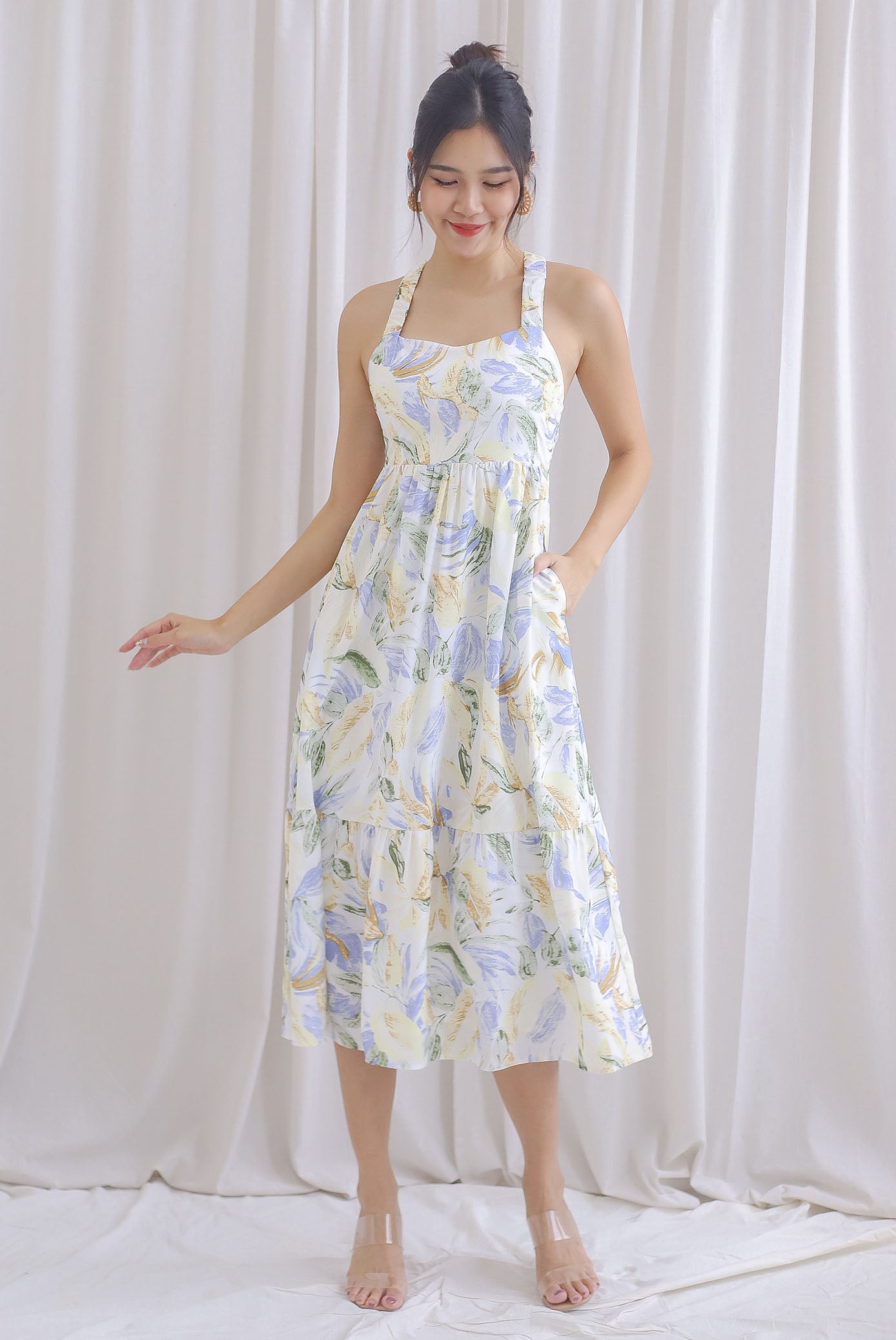 Hollie Ruched Strap Cross Back Floral Maxi Dress In Lilac Blue