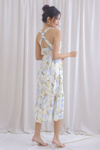 Hollie Ruched Strap Cross Back Floral Maxi Dress In Lilac Blue