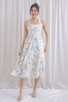 Hollie Ruched Strap Cross Back Floral Maxi Dress In Lilac Blue