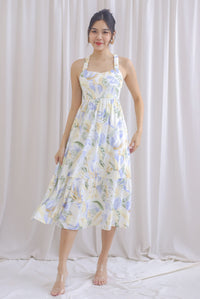 Hollie Ruched Strap Cross Back Floral Maxi Dress In Lilac Blue