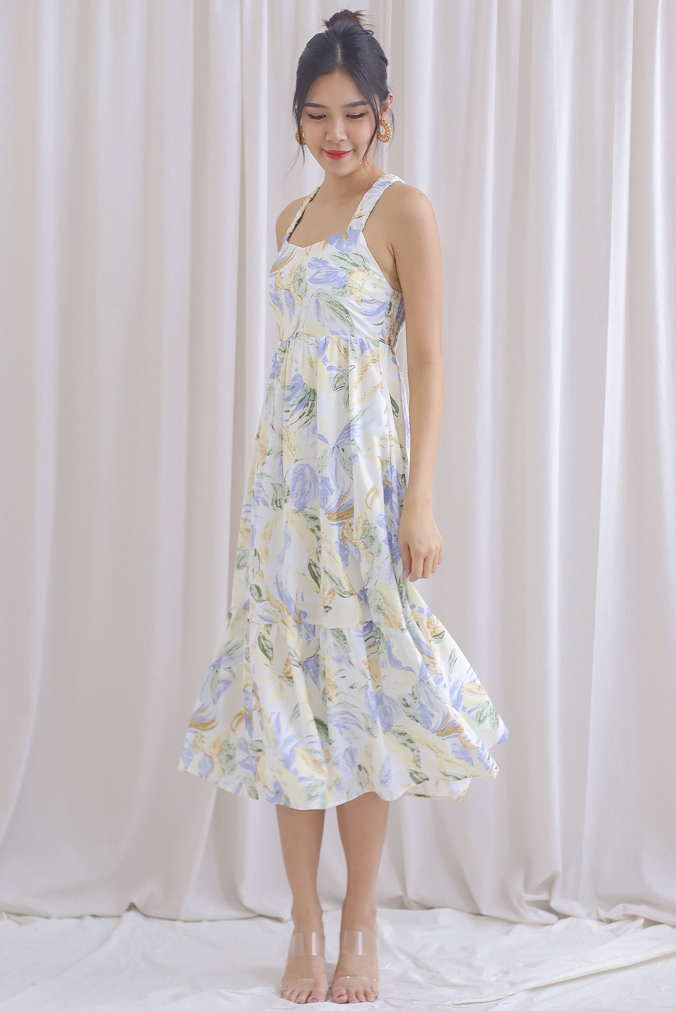 Hollie Ruched Strap Cross Back Floral Maxi Dress In Lilac Blue