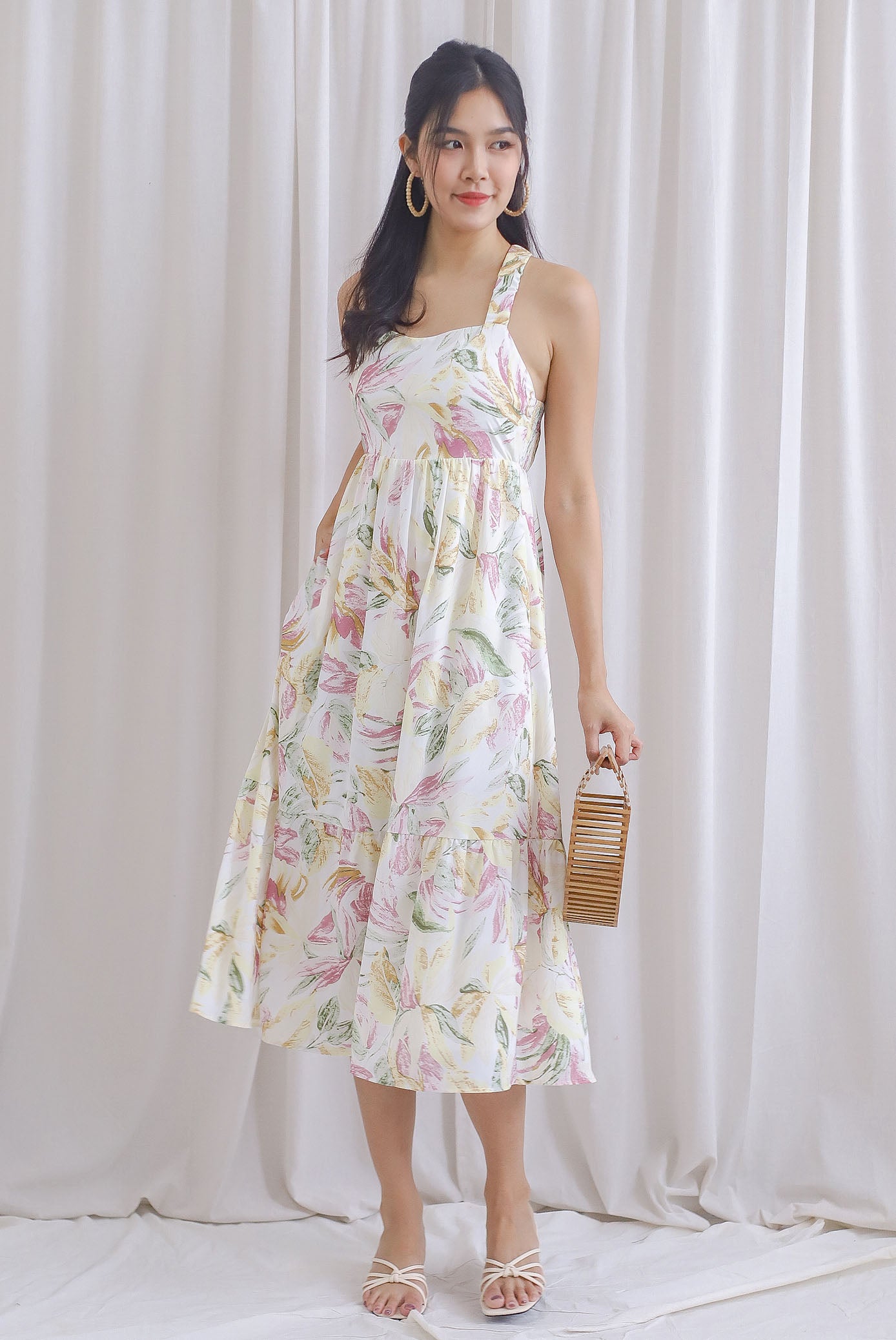 Hollie Ruched Strap Cross Back Floral Maxi Dress In Pink
