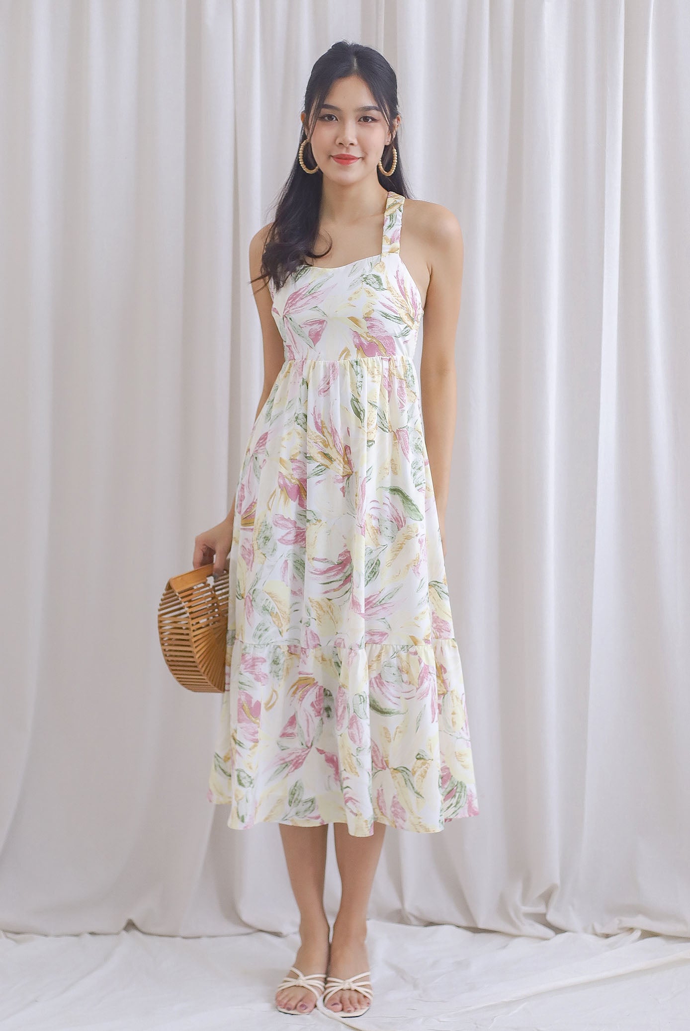 Hollie Ruched Strap Cross Back Floral Maxi Dress In Pink