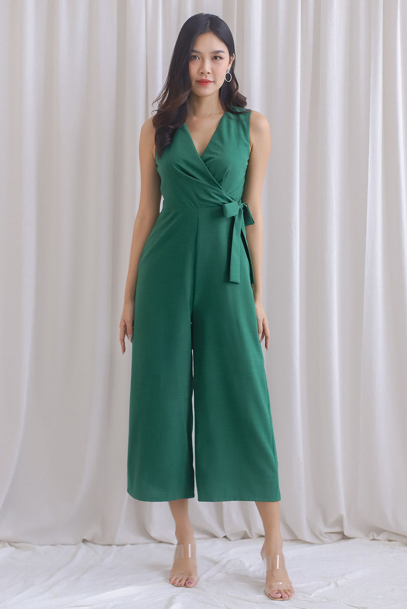 Ivy Faux Wrap Tie Jumpsuit In Forest Green