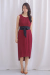 Jancey Pleated Obi Sash Dress In Wine Red