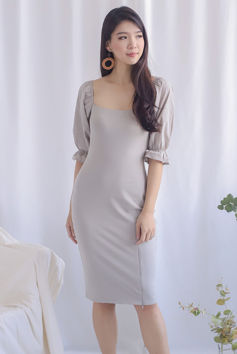Jayla Puffy Sleeve Slit Dress In Taupe