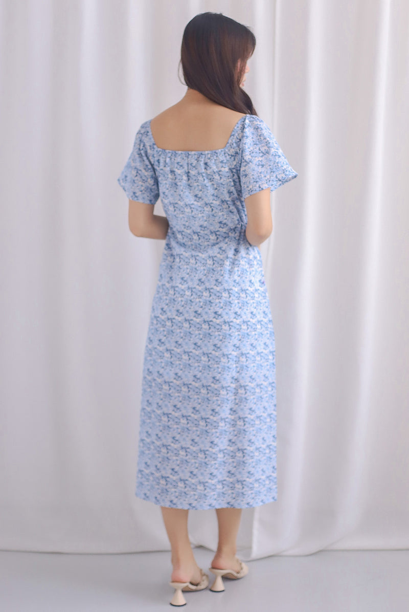 Jemma Textured Drawstring Sleeve Dress In Blue