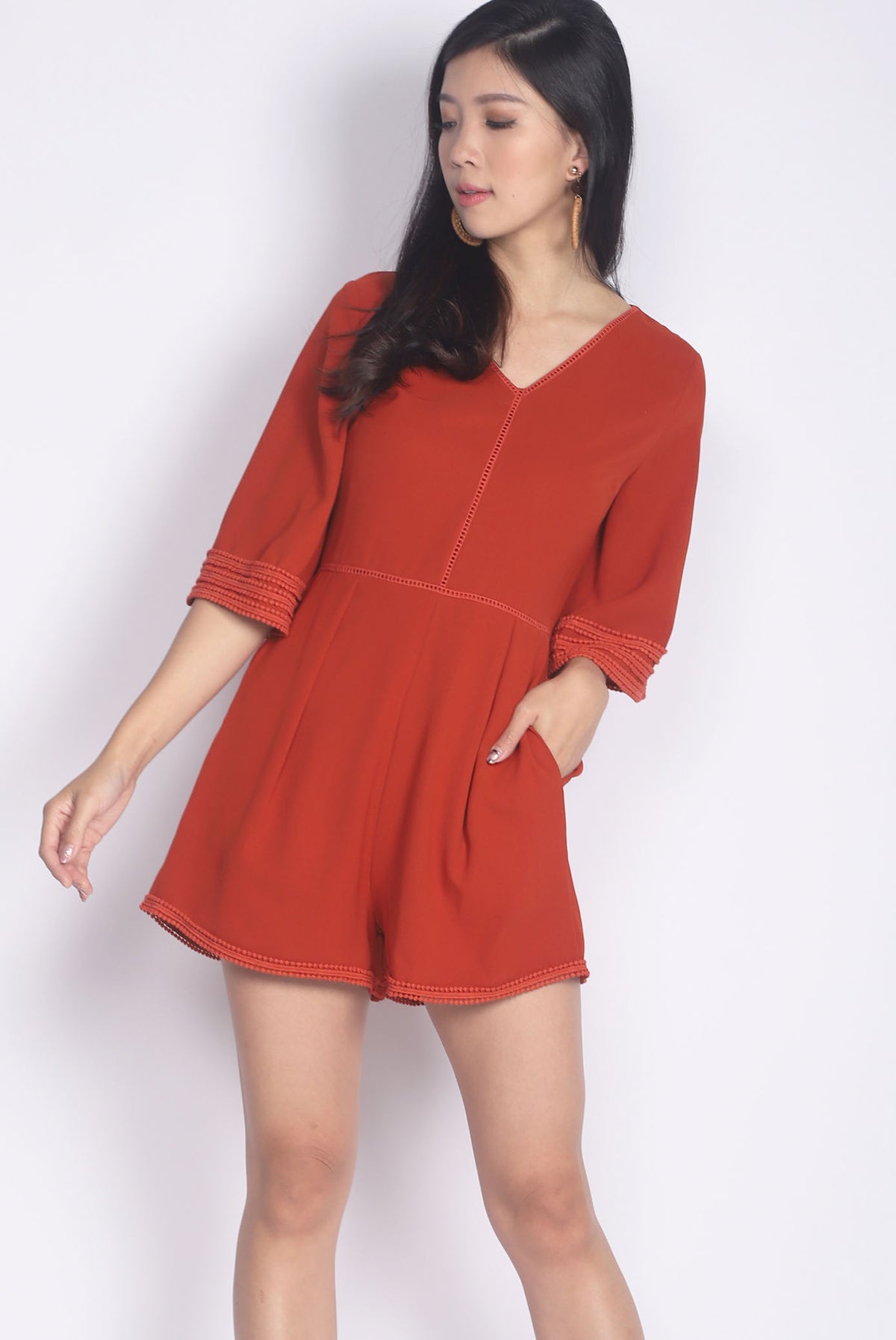 Jennabelle Lattice Sleeved Romper In Rust