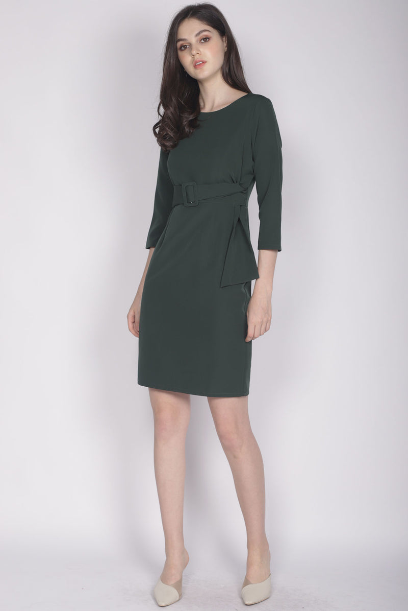 Jinger Belted Sleeve Dress In Forest Green