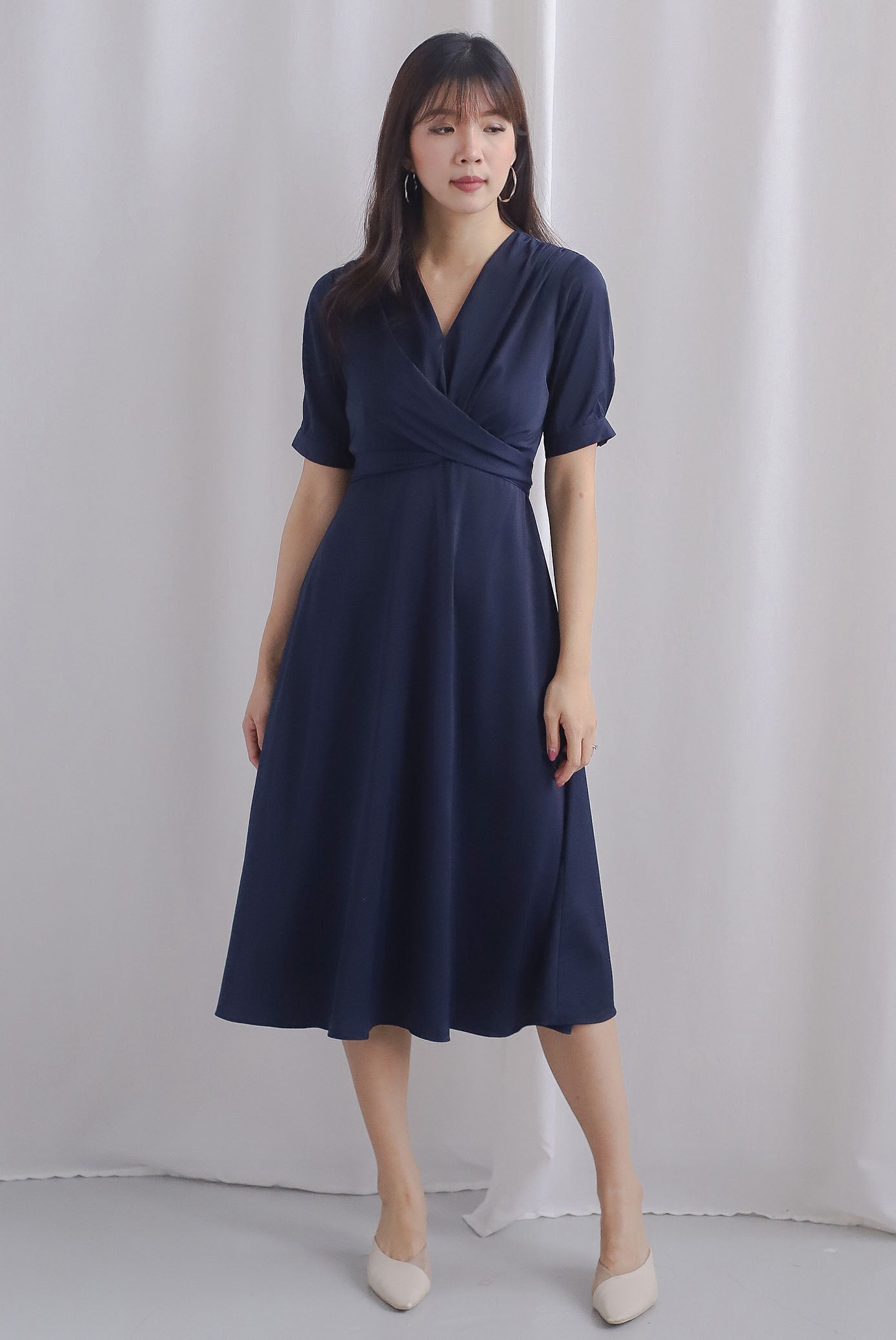 *Premium* Juliette Wrap Flare Dress in Navy Blue
