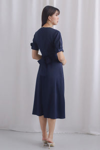 *Premium* Juliette Wrap Flare Dress in Navy Blue