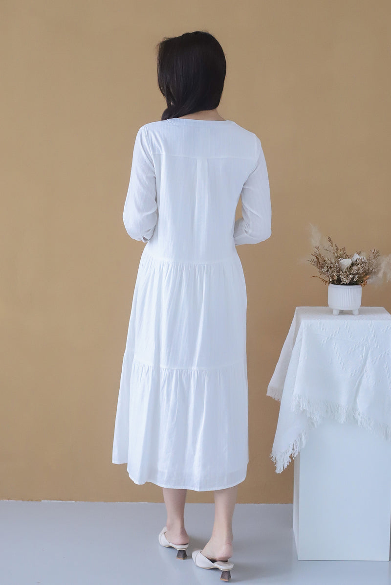 Juvenna V Neck Button Dress In White