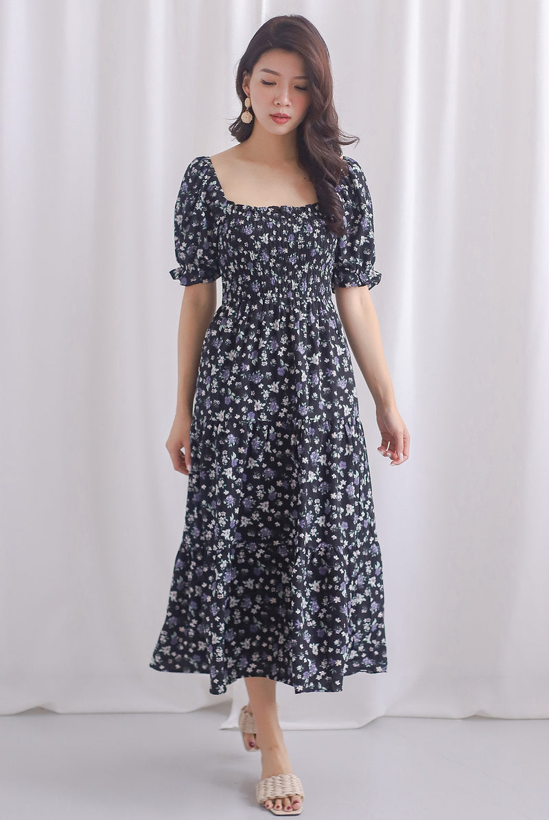 Kallie Puffy Sleeve Tiered Dress In Black Floral