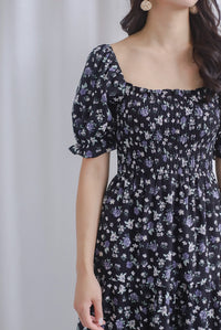 Kallie Puffy Sleeve Tiered Dress In Black Floral