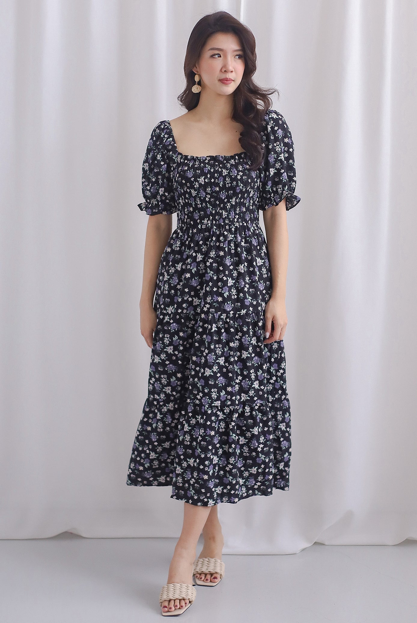 Kallie Puffy Sleeve Tiered Dress In Black Floral