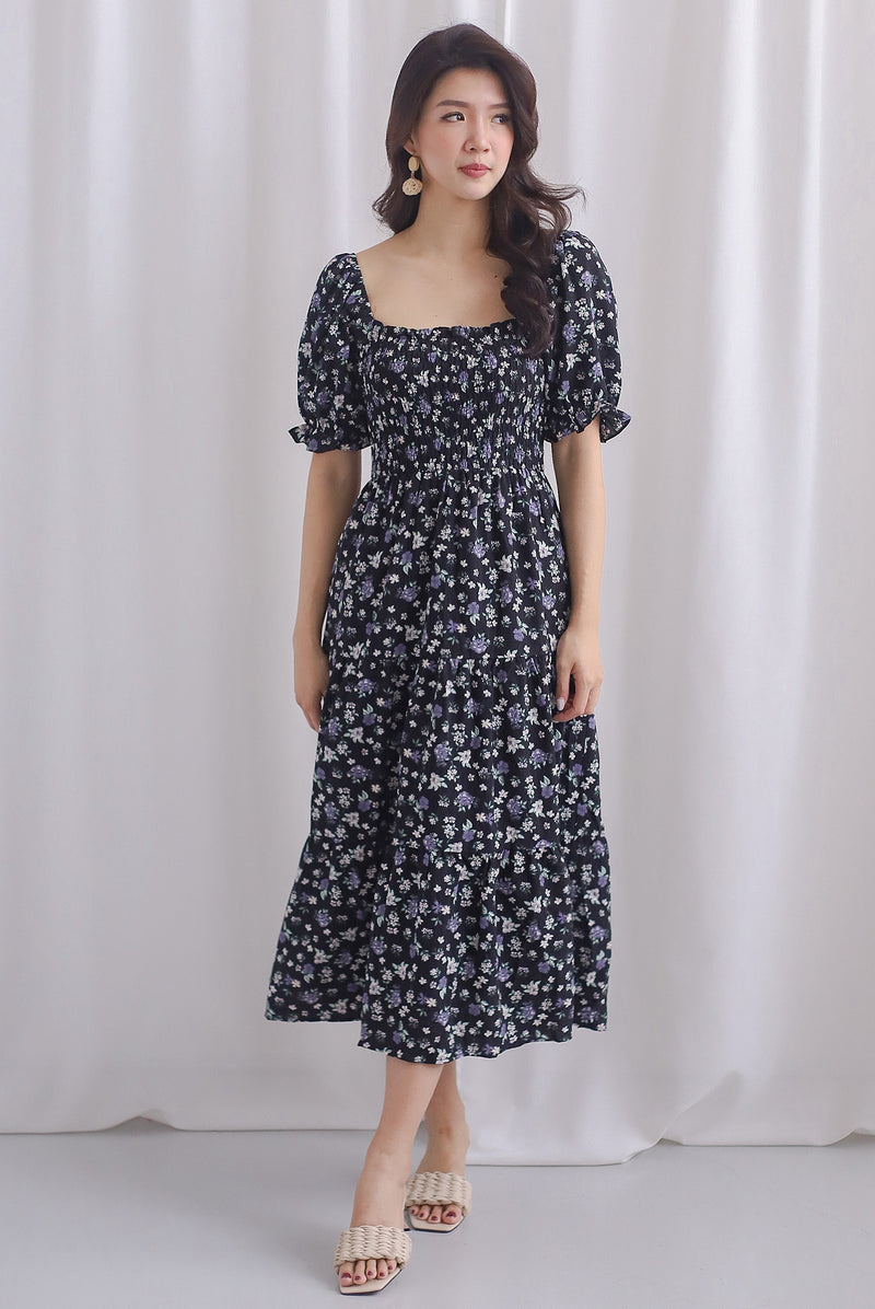 Kallie Puffy Sleeve Tiered Dress In Black Floral