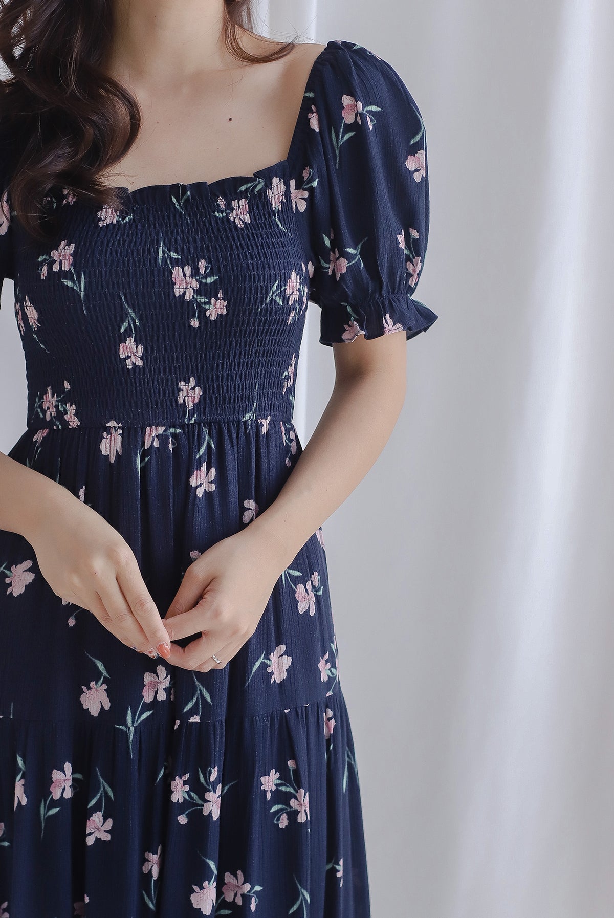 *Restocked* Kallie Puffy Sleeve Tiered Dress In Navy Floral