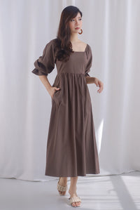 Karlina Puffy Sleeve Square Neckline Midi Dress In Brown