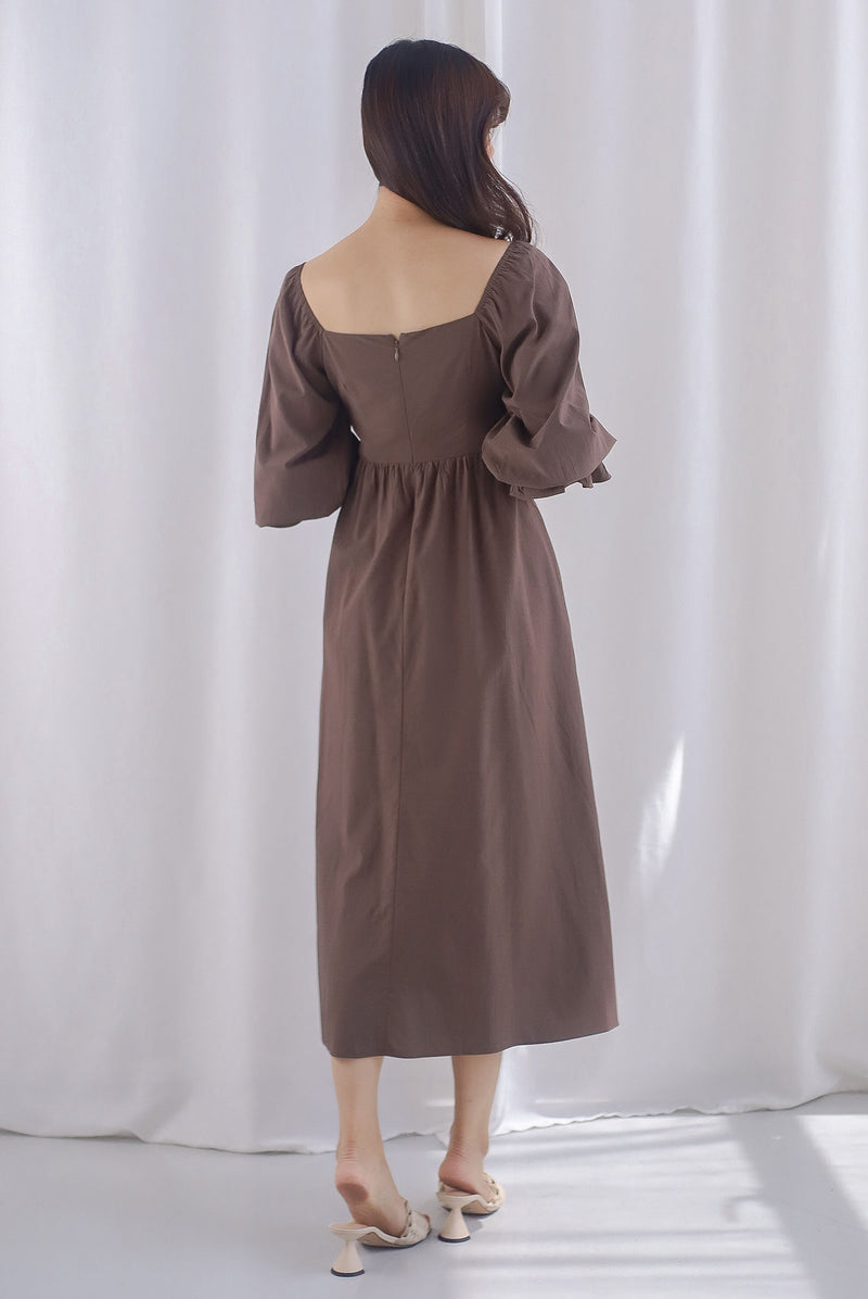 Karlina Puffy Sleeve Square Neckline Midi Dress In Brown The Design Closets Karlina Puffy Sleeve Square Neckline Midi Dress In Brown The Design Closets