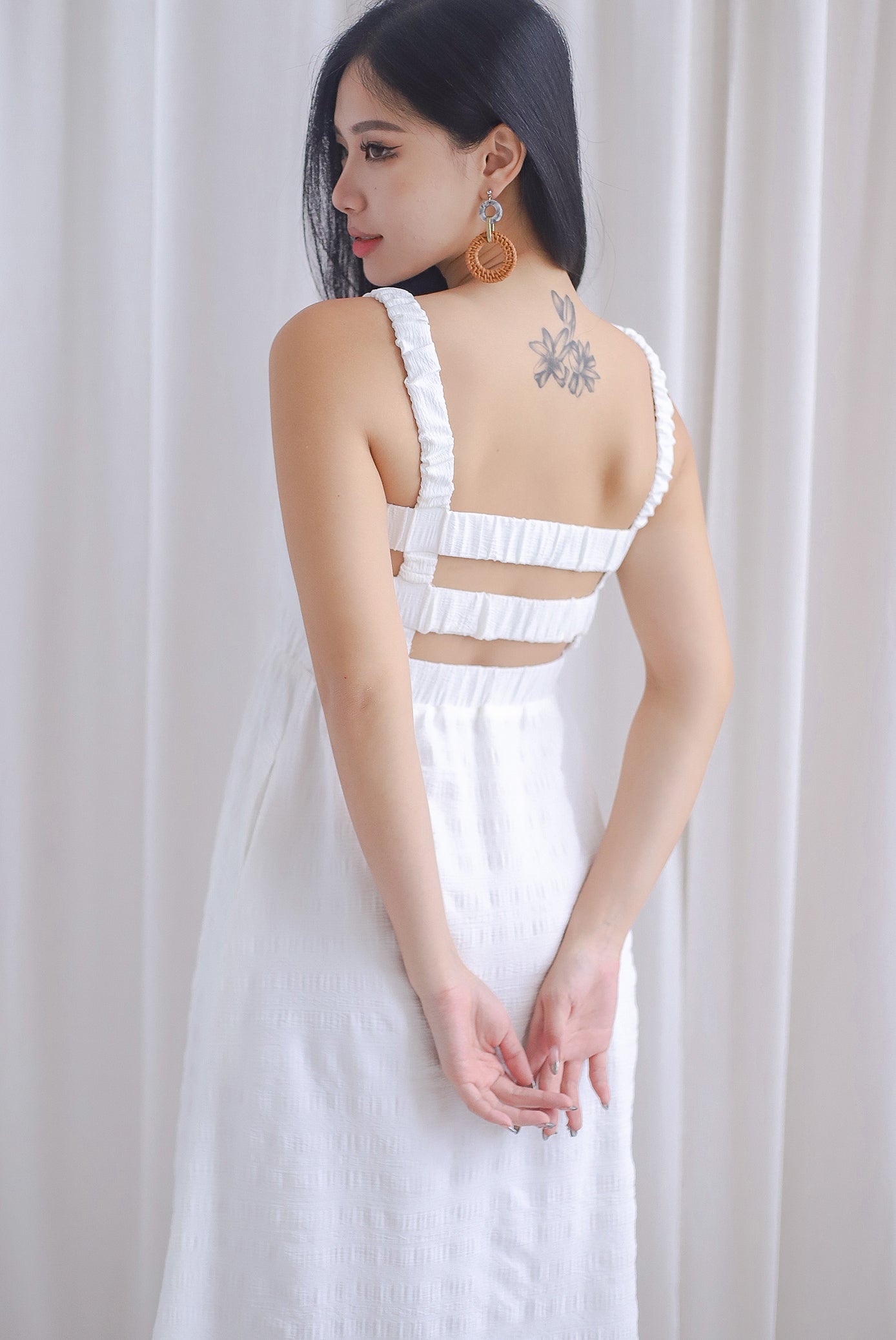 Kennedy Ruched Strap Ladder Back Dress In White The Design Closets Kennedy Ruched Strap Ladder Back Dress In White The Design Closets