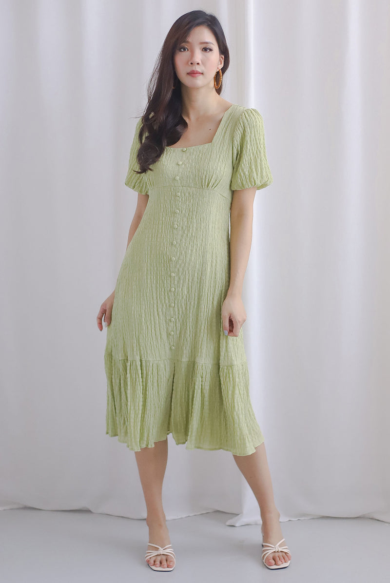 Kylo Texture Puffy Sleeve Buttons Midi Dress In Tea Green