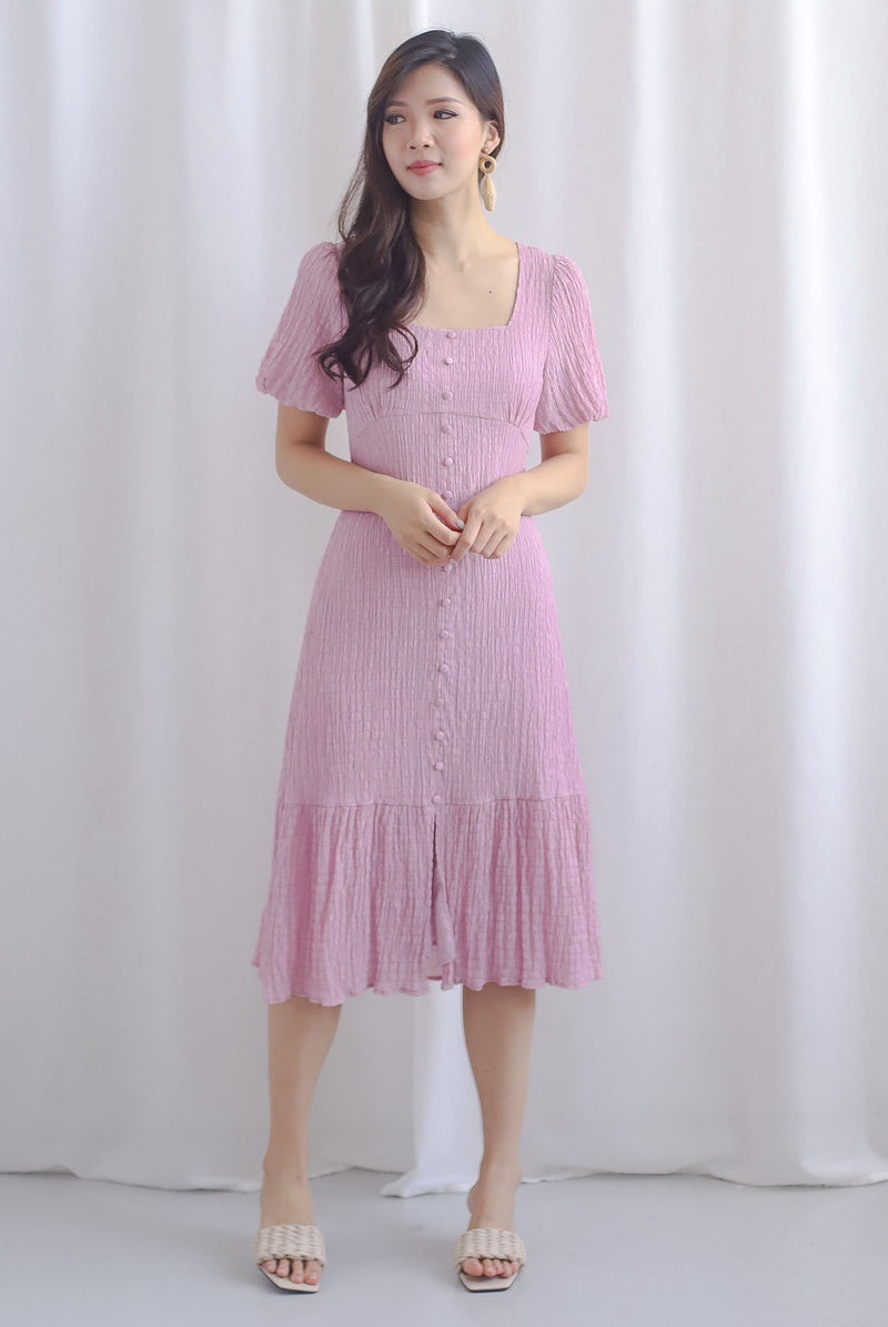 Kylo Texture Puffy Sleeve Buttons Midi Dress  In Cameo pink