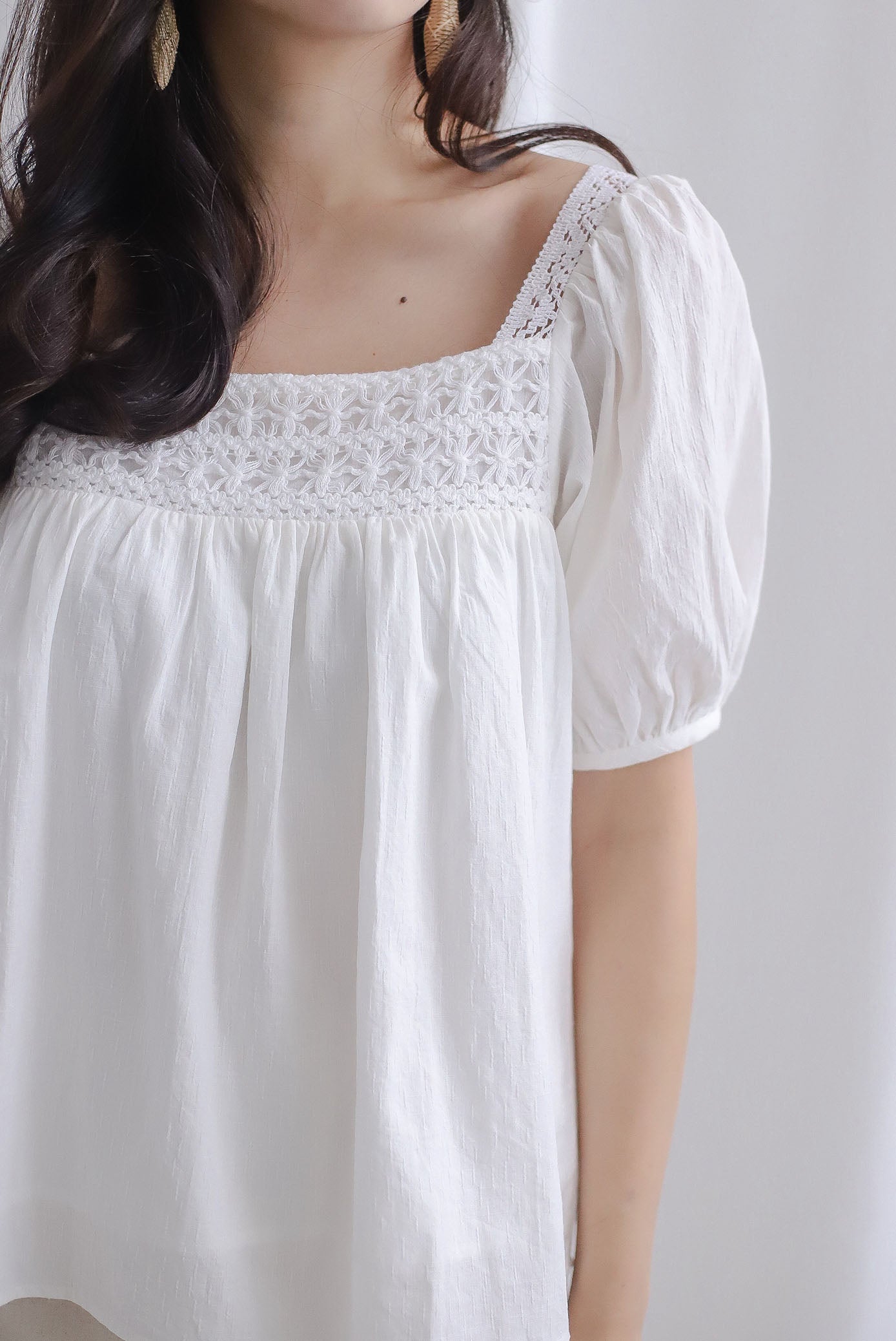 *Restocked* Ladora Crochet Puffy Sleeve Top In White