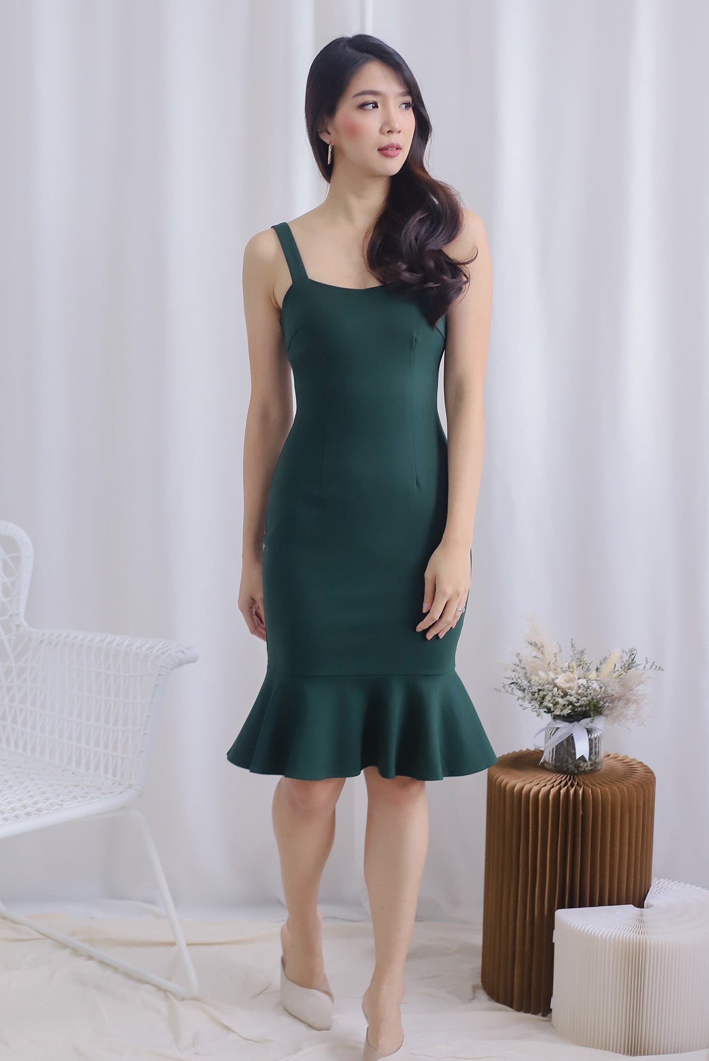 Lamis Strap Mermaid Dress In Forest Green