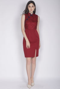 Linsay Crochet Cheongsam Dress In Wine Red
