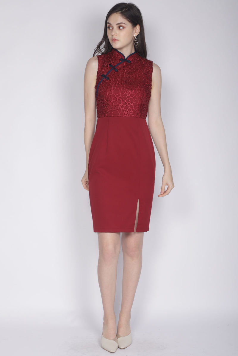 Linsay Crochet Cheongsam Dress In Wine Red