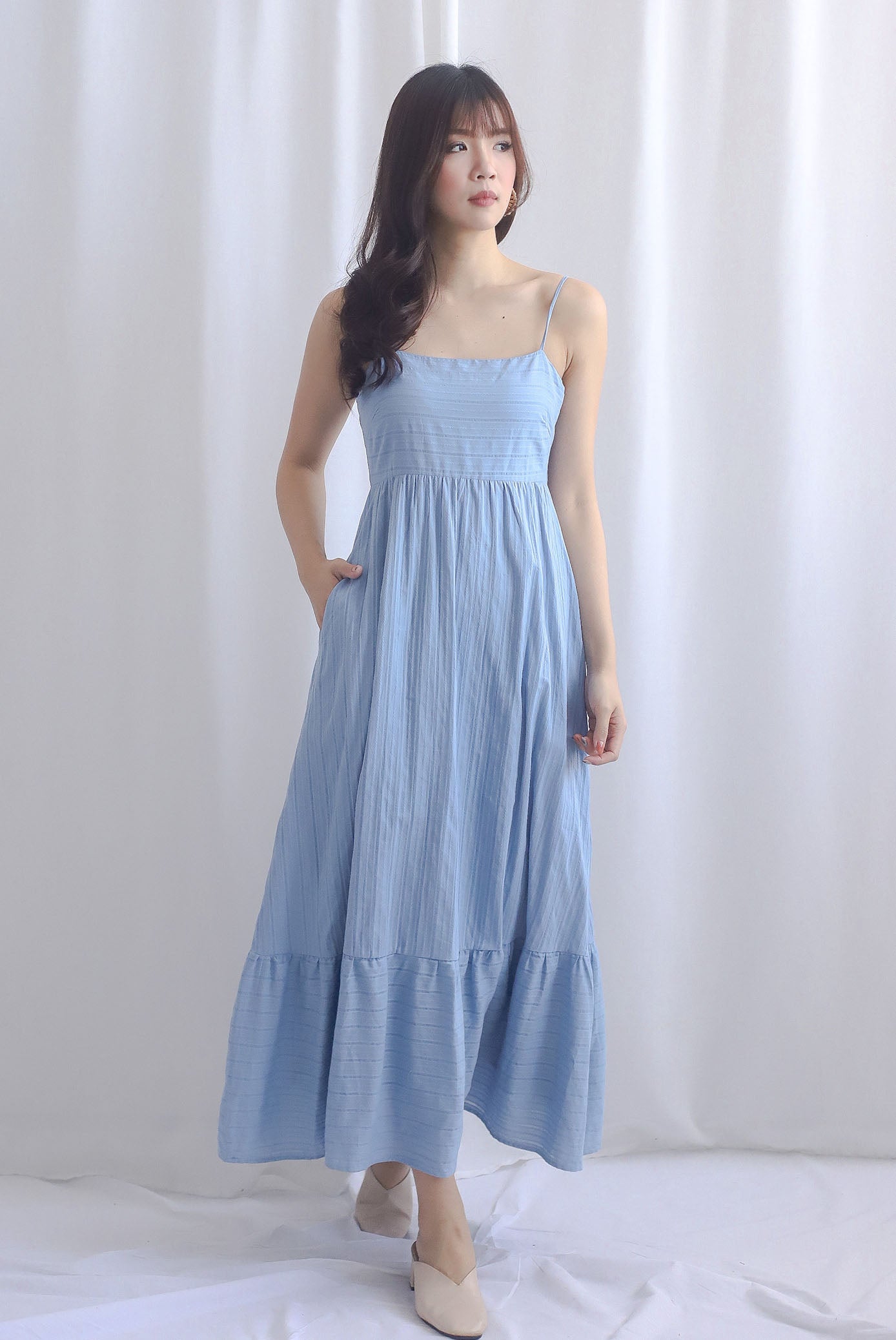 Lotte Stripes Cotton Spaghetti Maxi Dress In Blue