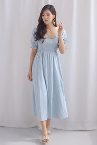 Maeko Stripes Puffy Sleeve Smocked Maxi Dress In Blue